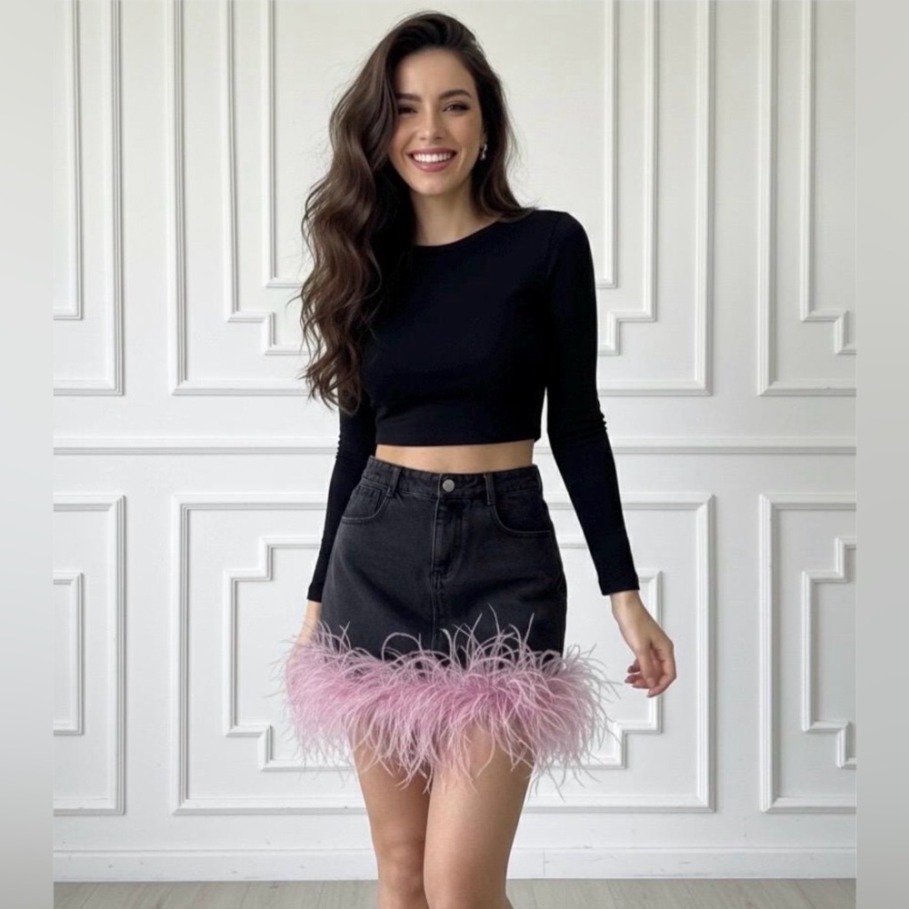 Black Denim Mini Skirt with Blush Color Feather Trim - NWT